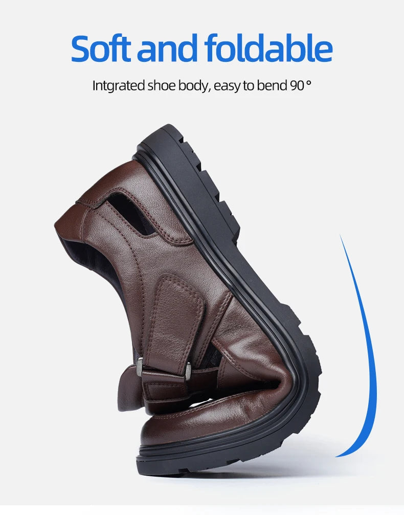 LAORENTOU leather sandals, men's breathable hollow hole shoes, toe wrapped cowhide, anti slip and wear-resistant casual  shoes