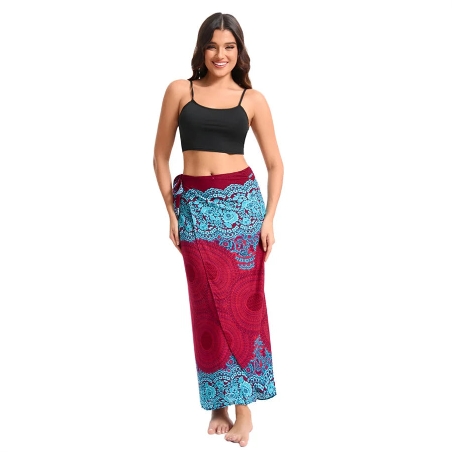 Women’s Boho Maxi Wrap Long Skirt Tie Up Beach Cover Up Dress Vintage Bohemian Adjustable High Waisted Holiday Rayon Dress