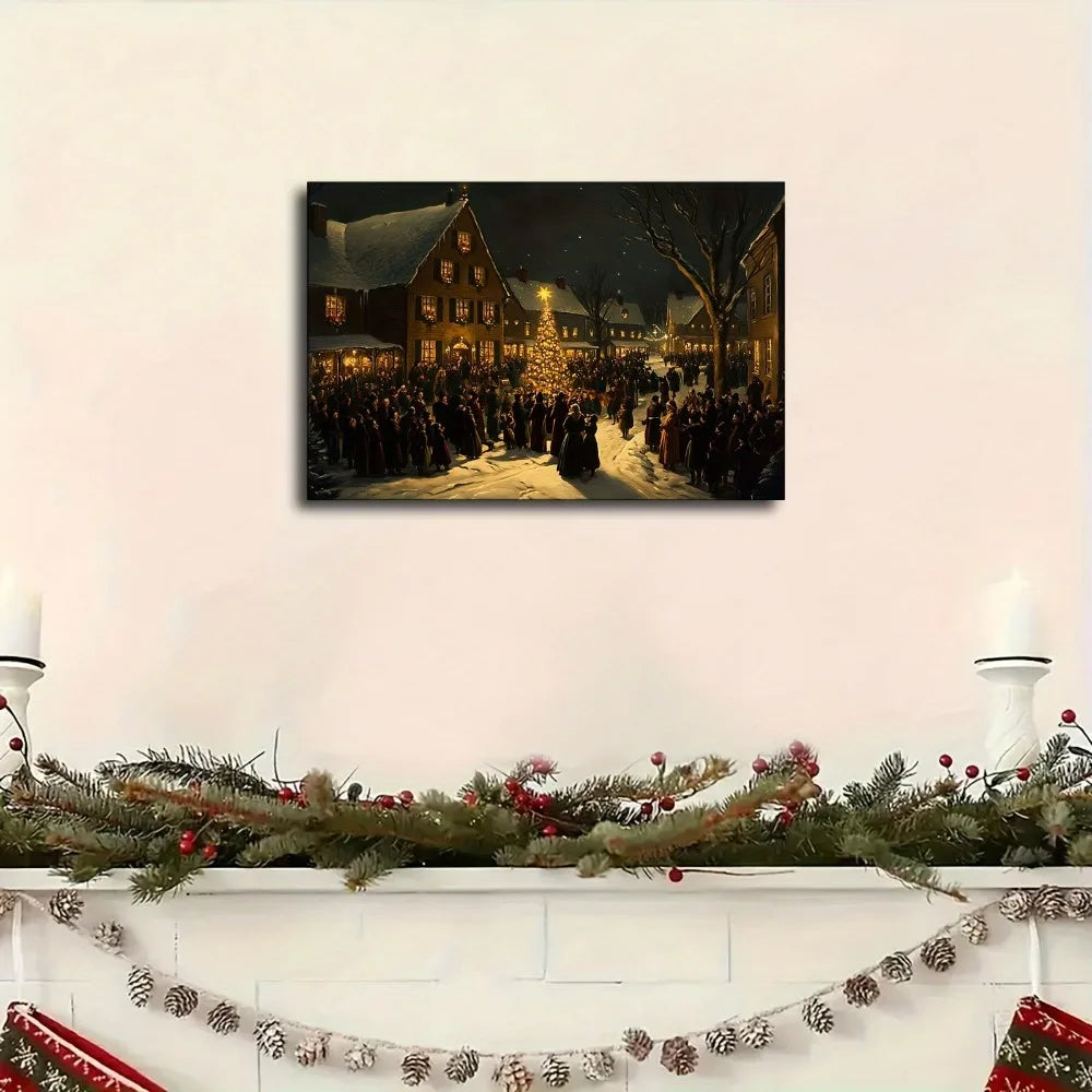 1.5 inch thick wood pine frame, interior art mural, home decor mural, Country style American Christmas Eve crowd canvas art