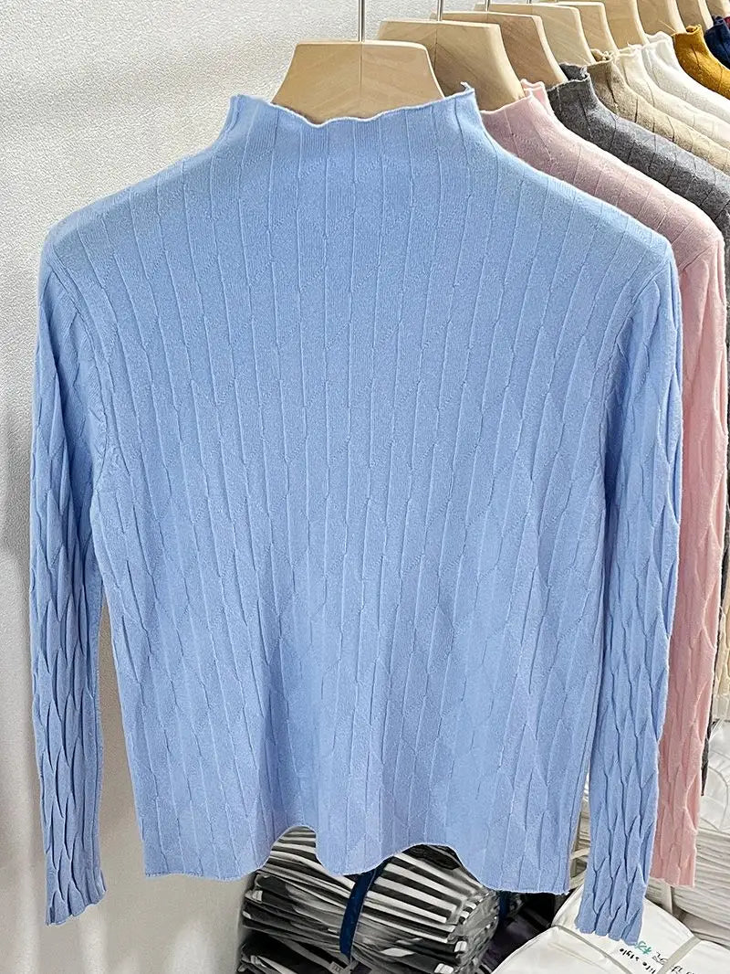 2025 Slim Fit Knitted Base Pullovers Autumn Winter Turtleneck Sweater Women's Solid Long Sleeve Casual Ruched Sweater