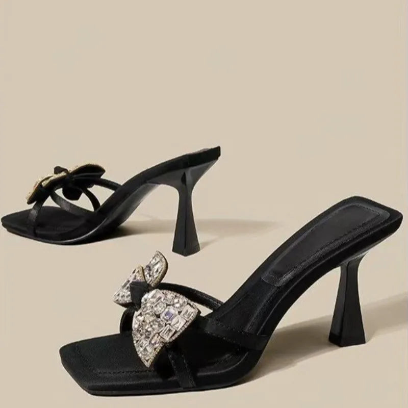 Summer New Stiletto Sandals Square Head Open Toe Sequin Butterfly Knot Thin Strap Anti-slip Wear-resistant High-heeled Slippers