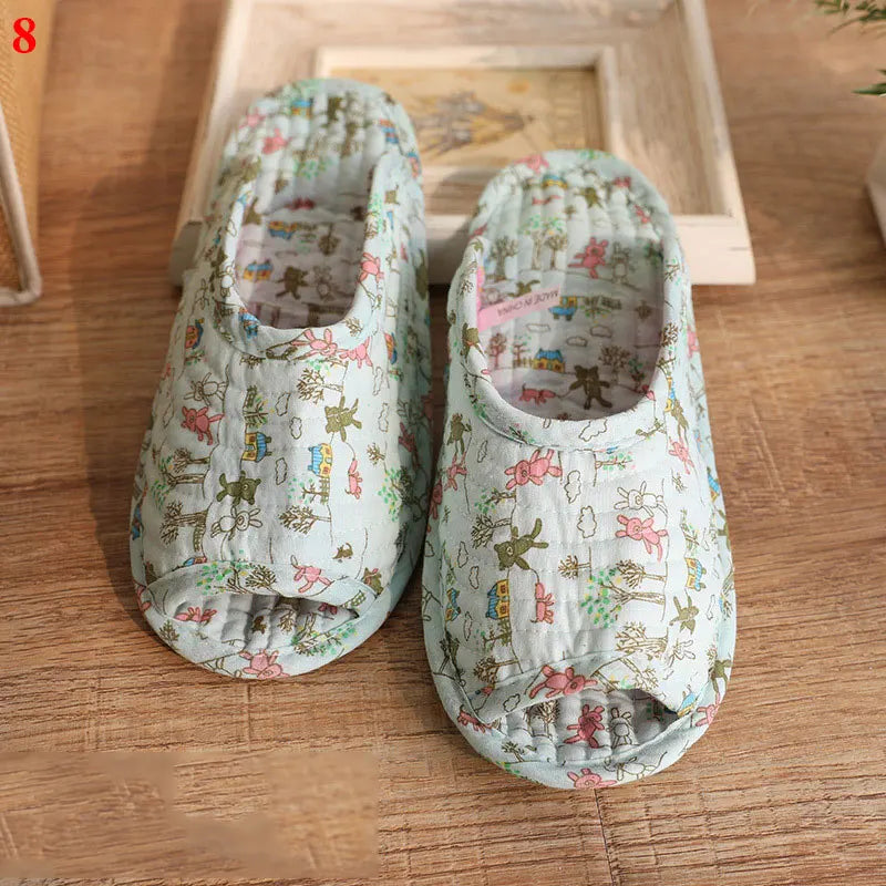 1 Pair Vintage Floral Home Slippers Spring Autumn Soft Cotton Toe Sole Slippers Women Flat Shoes Indoor Bedroom Slippers