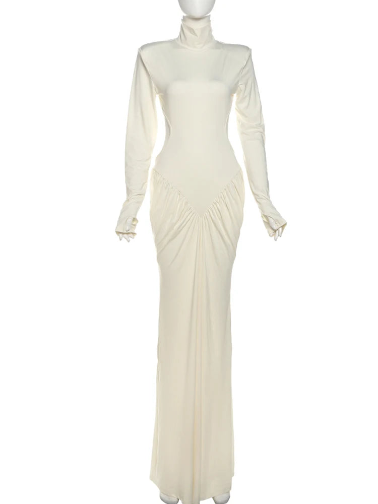 Cutenew High Street Women Maxi Dress Classic Sexy Backless Straight Shoulder Full Sleeve Ruched Bodycon Mujer Evening Vestidos