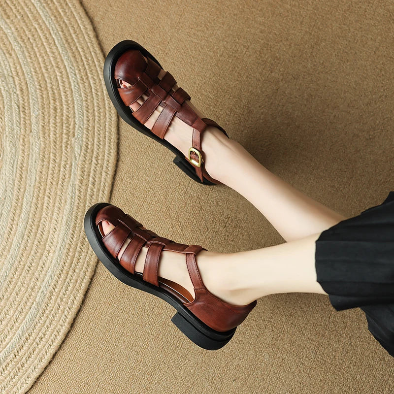 New Summer Sandals Genuine Leather Luxury Roman Sandals Casual Buckle Strap Summer Shoes GLADIATOR Thick Heel Women Shoes