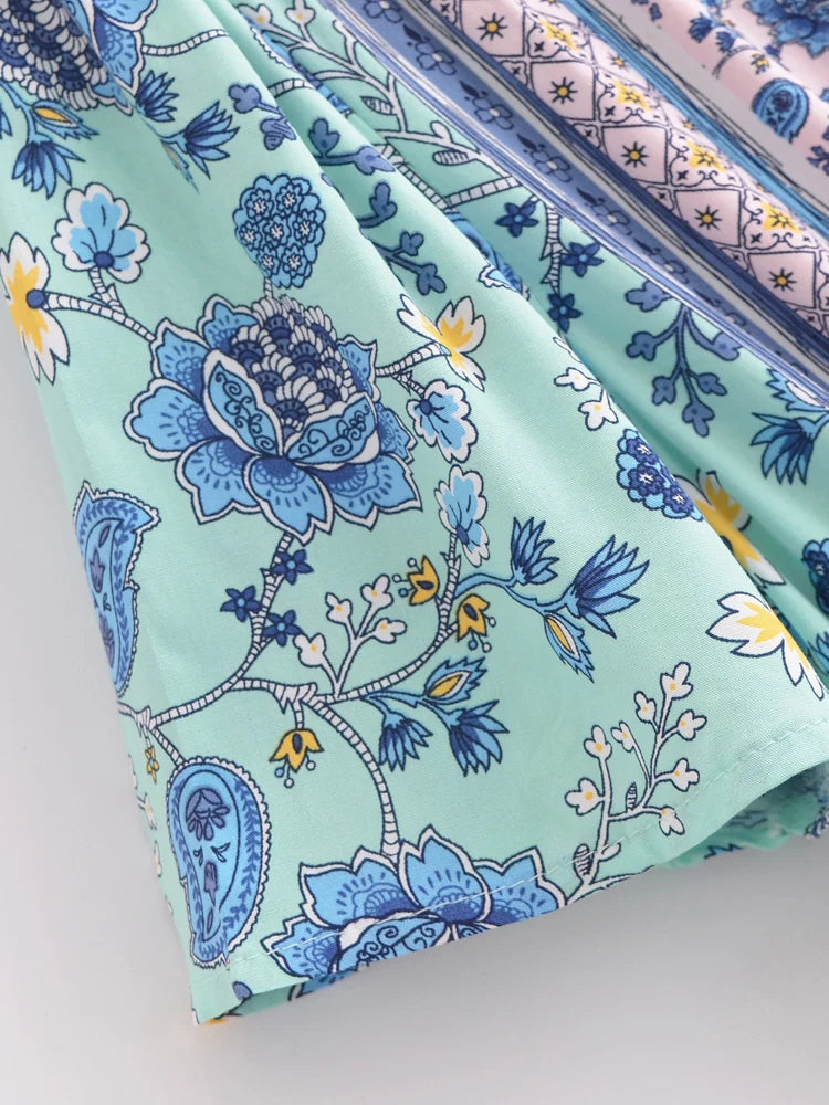 Boho Queens Women Wild Floral Print Deep V-neck Summer Bohemian Mini Dresses Robe Lady Short Sleeve Beach Boho Dress Vestidos