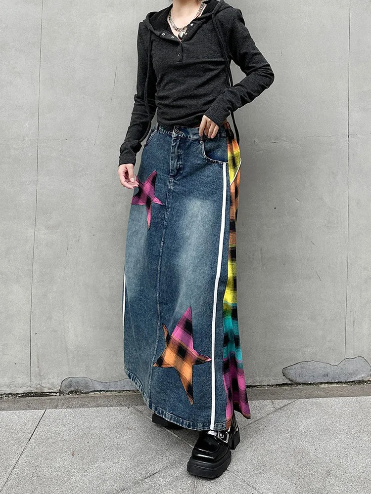 [EAM] High Elastic Waist Blue Back Plaid Denim Long A-line Half-body Skirt Women Fashion Tide New Spring Autumn 2025 1DH8117