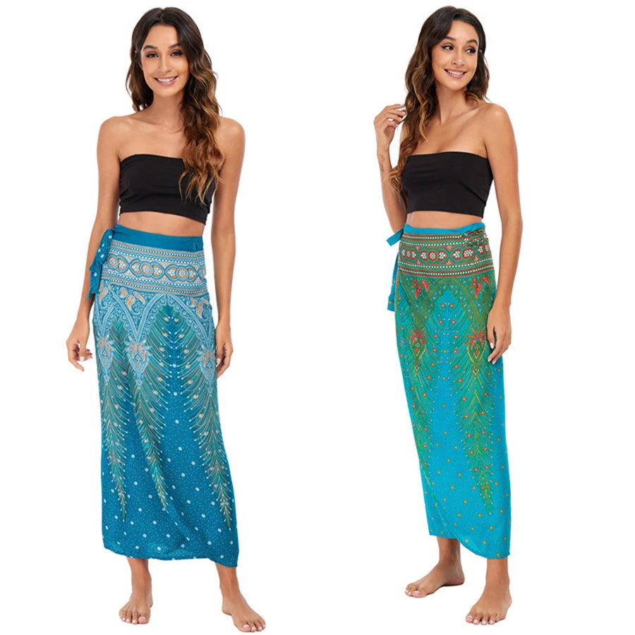 Women’s Boho Maxi Wrap Long Skirt Tie Up Beach Cover Up Dress Vintage Bohemian Adjustable High Waisted Holiday Rayon Dress