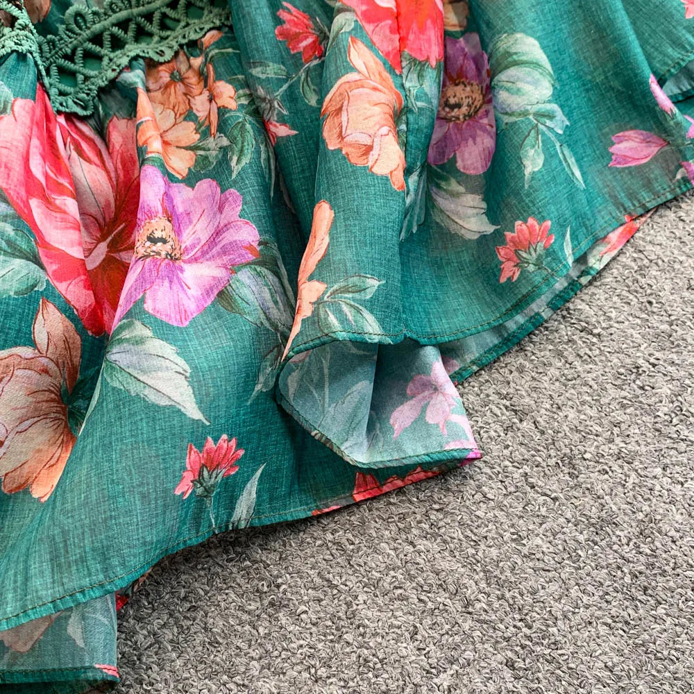 Ele Lace Splice Waist Cinching Long Dr Korean Sle Print Blouse Svel Midi Skirt High Waist A-Line Silhouette