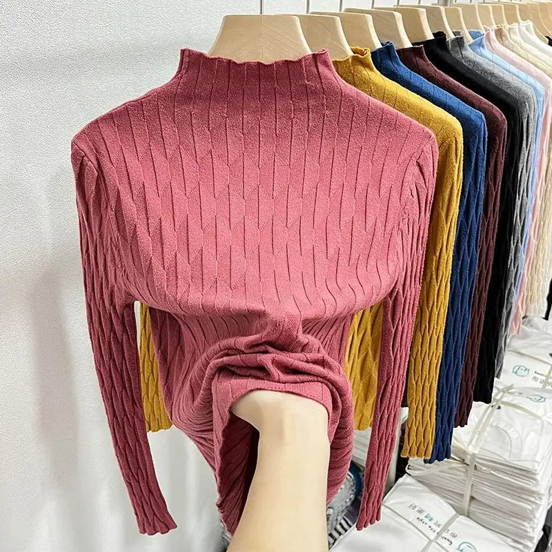 2025 Slim Fit Knitted Base Pullovers Autumn Winter Turtleneck Sweater Women's Solid Long Sleeve Casual Ruched Sweater