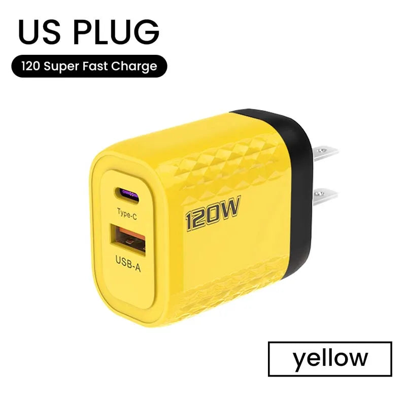 120W Charger USB C Fast Charger For iPhone Xiaomi Samsung Oneplus Phone Adapter 2 Ports QC3.0 Fast Charging PD Charger Adapter