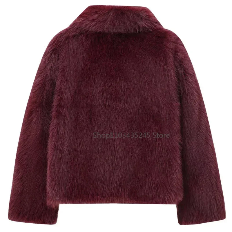 2025 New  Women's Fur Coat Women Plush Burgundy Bomber Jacket Solid Crop Long Sleeve Jacket Warm Winter Coats Woman Casual Coats