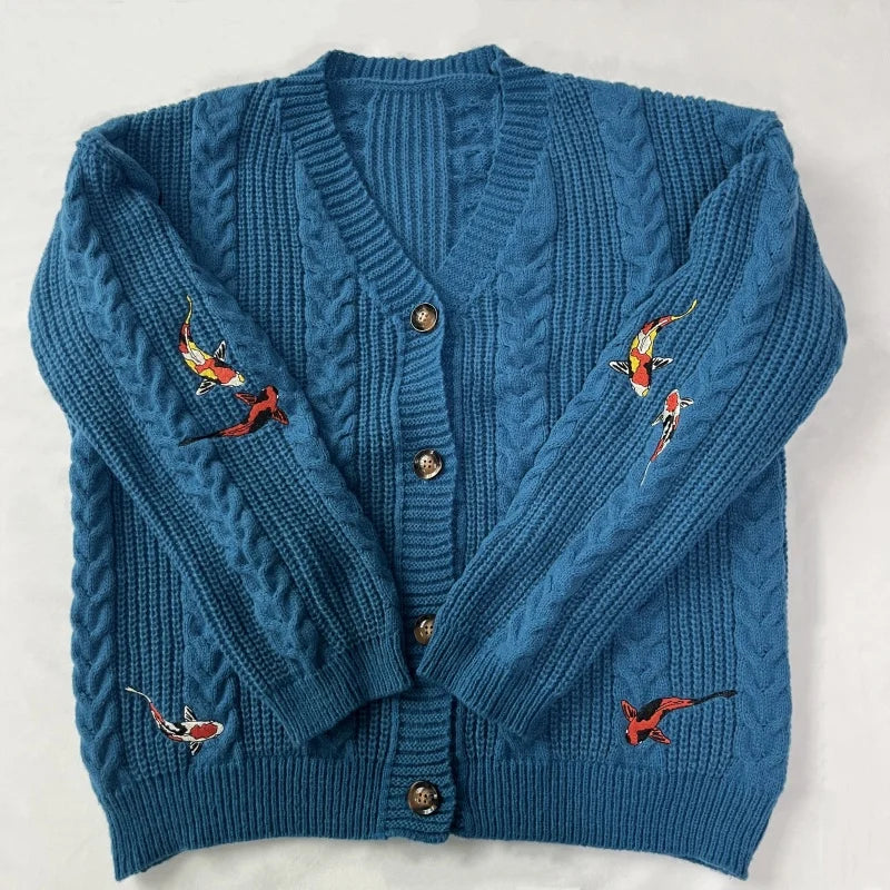 Koi Fish Women Cardigan Fashion Autumn Winter Turquoise Knitted Cardigans Mujer Koi Carp Embroidery Sweater Tops Folklore Girl