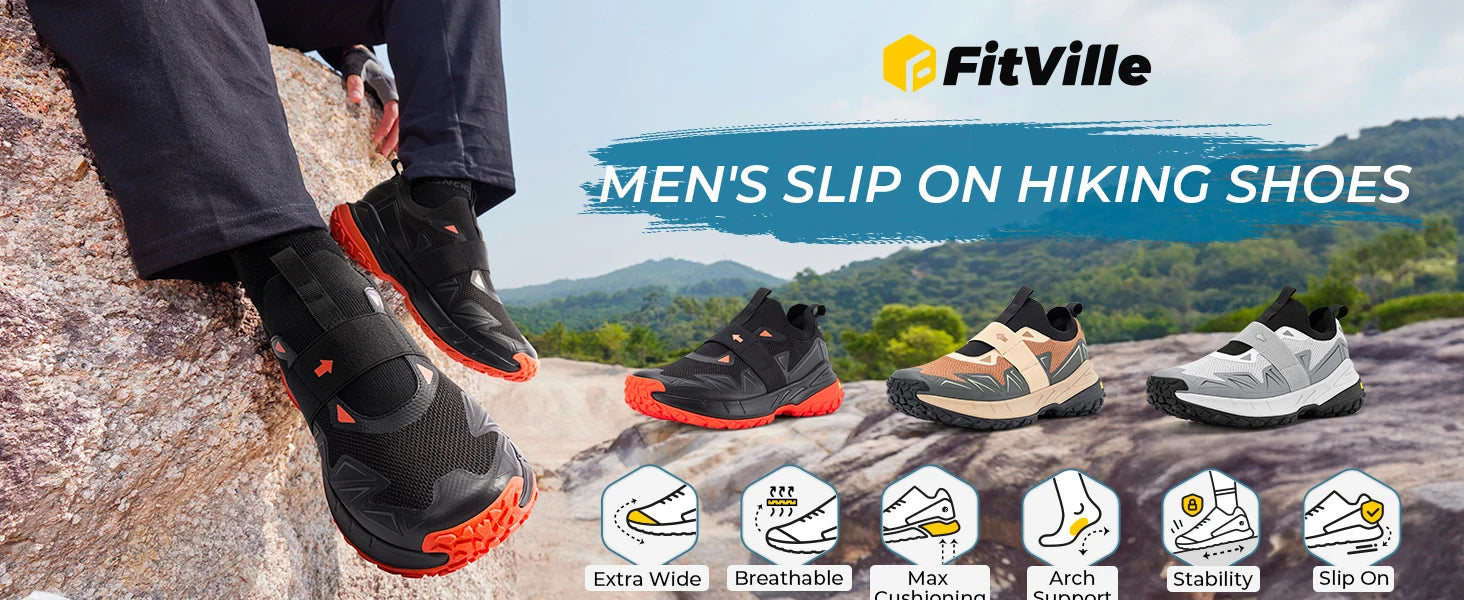 FitVille Men'S Widened Hiking Walking Shoes Slip-On Comfortable Orthopedic With Arch Support Non-Slip Sports Shoes For Travel