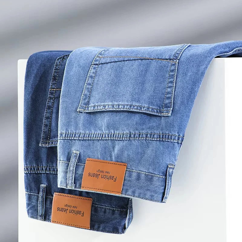 100% Cotton Men's Brand Thin Business Jeans Straight Slim Classic Male Trousers Fashion Casual Breathable Summer Denim Pants