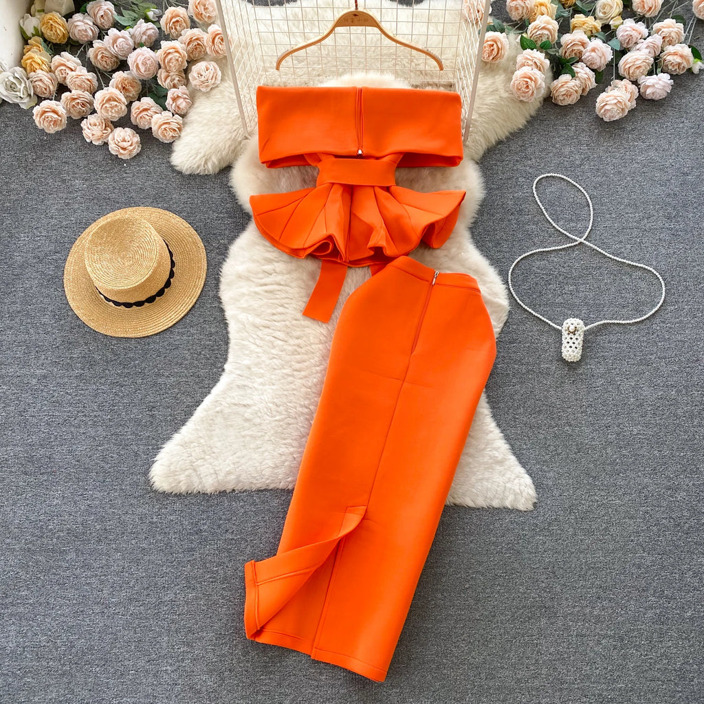 Sexy One-oulder Banded Waist Gown Set with Pleated Skirt Two-Piece Ensemble Courtly Sle Versatile Top f-length A-Line ...