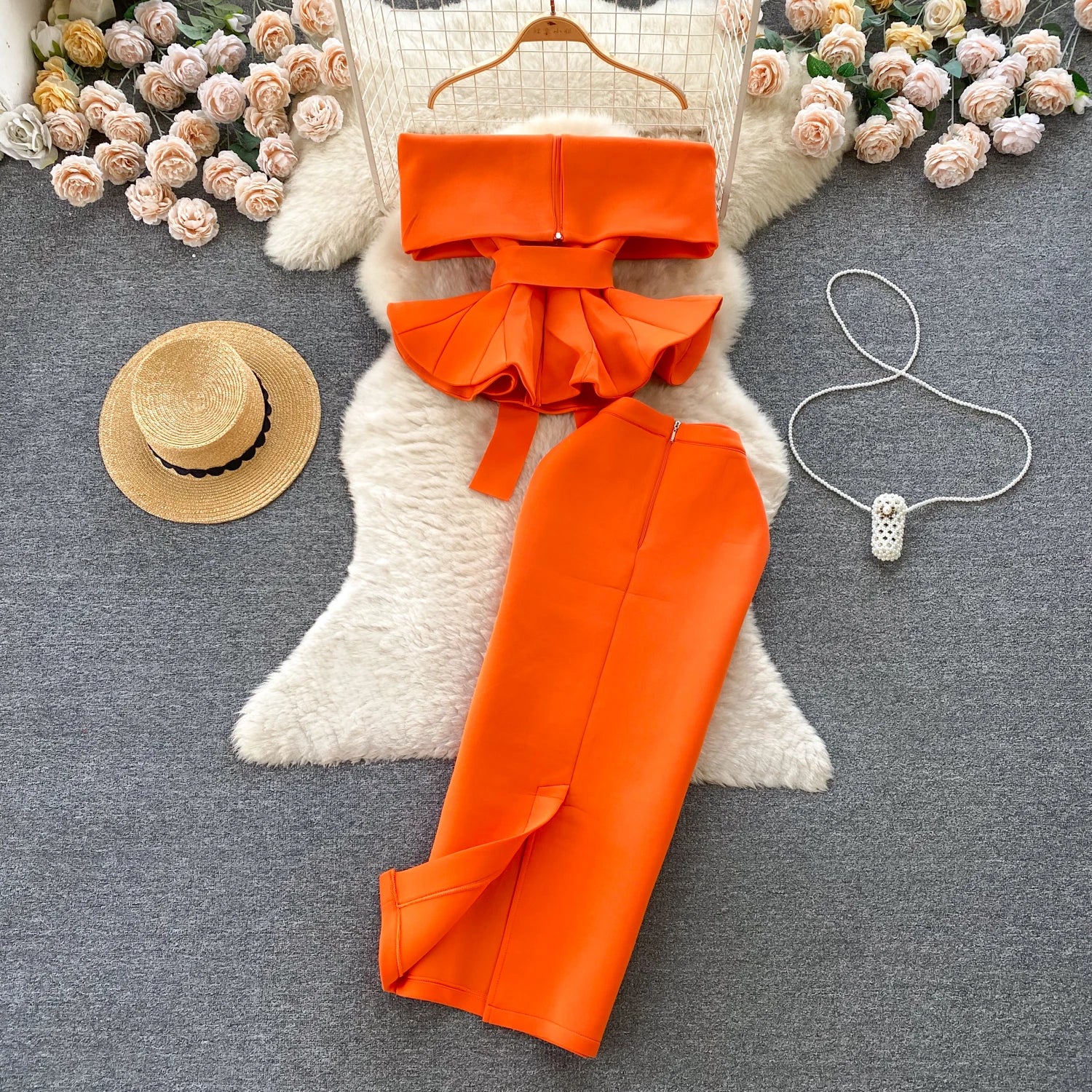 Sexy One-oulder Banded Waist Gown Set with Pleated Skirt Two-Piece Ensemble Courtly Sle Versatile Top f-length A-Line ...