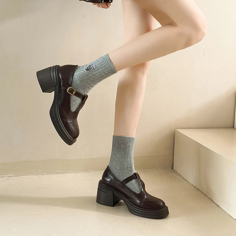 High-heeled Shoes Women Pumps Buckle Thick Heels with T-strap Ladies Chunky Heels Platform Mary Janes Woman Footwear Sandals