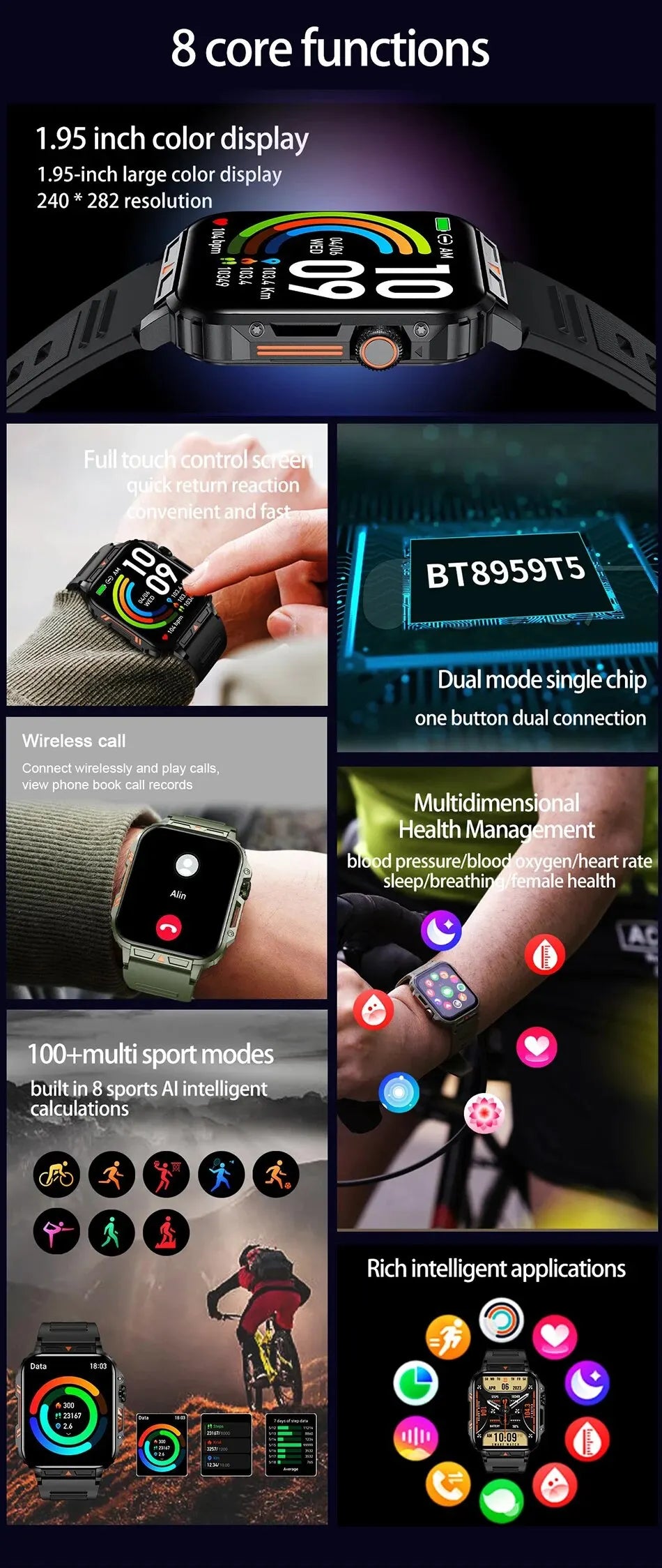 2024 Smartwatch 1.95 Inch Screen Health Monitoring Watches IP68 Waterproof Sport Fitness Smart Watch For Men Women Reloj Hombre