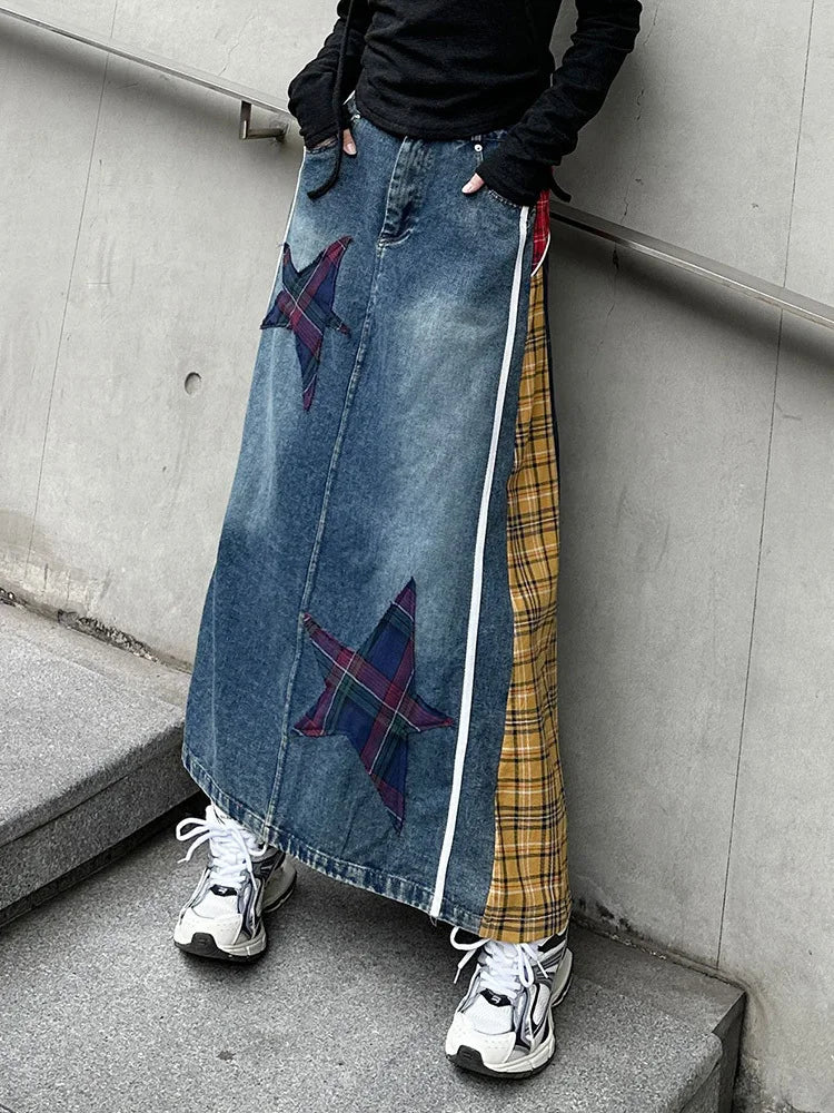 [EAM] High Elastic Waist Blue Back Plaid Denim Long A-line Half-body Skirt Women Fashion Tide New Spring Autumn 2025 1DH8117