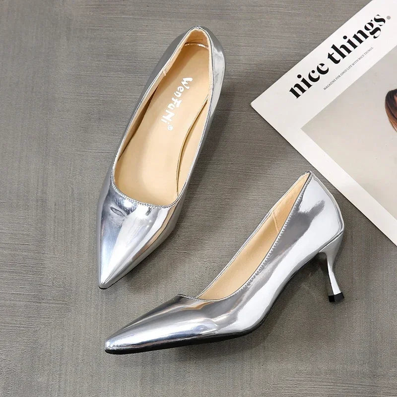 2024 New Lady Pointe Toe Gold Silver Pumps Female Wedding Bridal Shoes  Fashion Women Patent Leather High Heels Plus Size 45