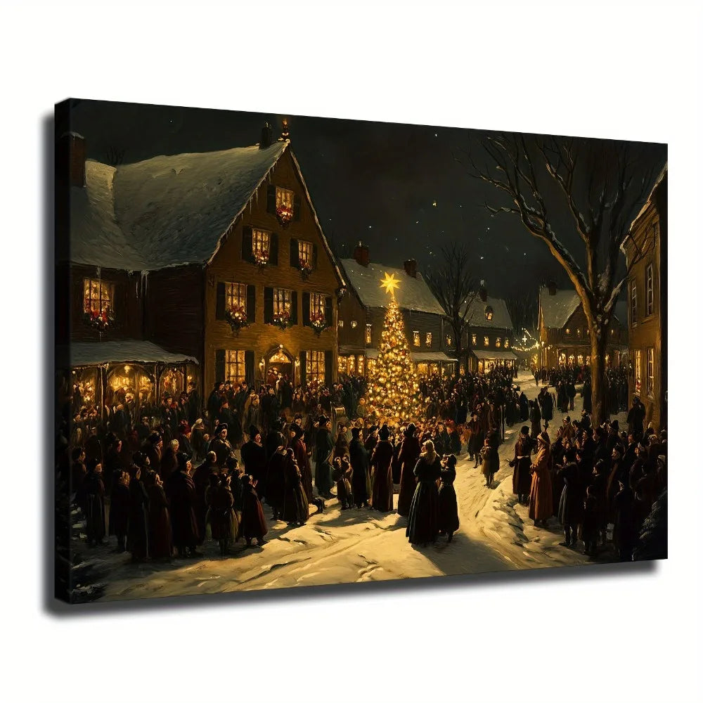 1.5 inch thick wood pine frame, interior art mural, home decor mural, Country style American Christmas Eve crowd canvas art