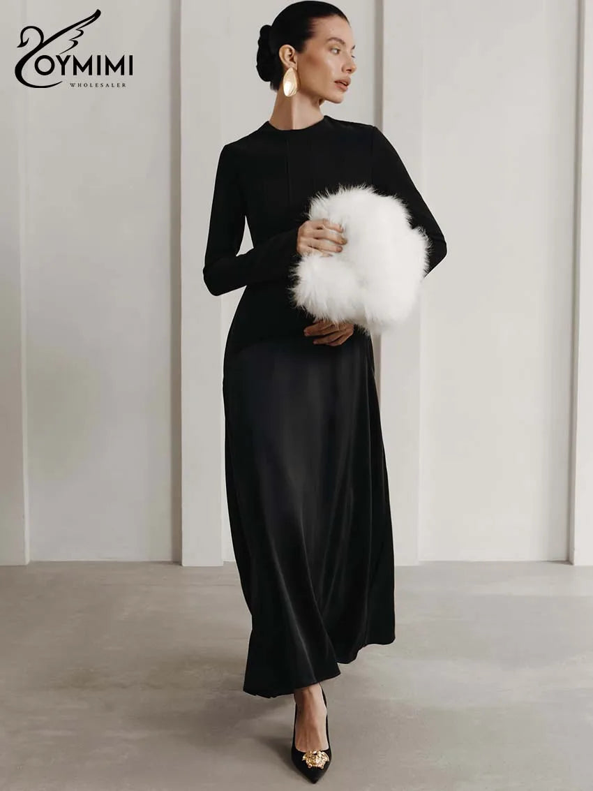 Oymimi Elegant Black O-Neck Womens Dresses Fashion Long Sleeve Patchwork Slim Dresses Casual New Straight Ankle-Length Dress
