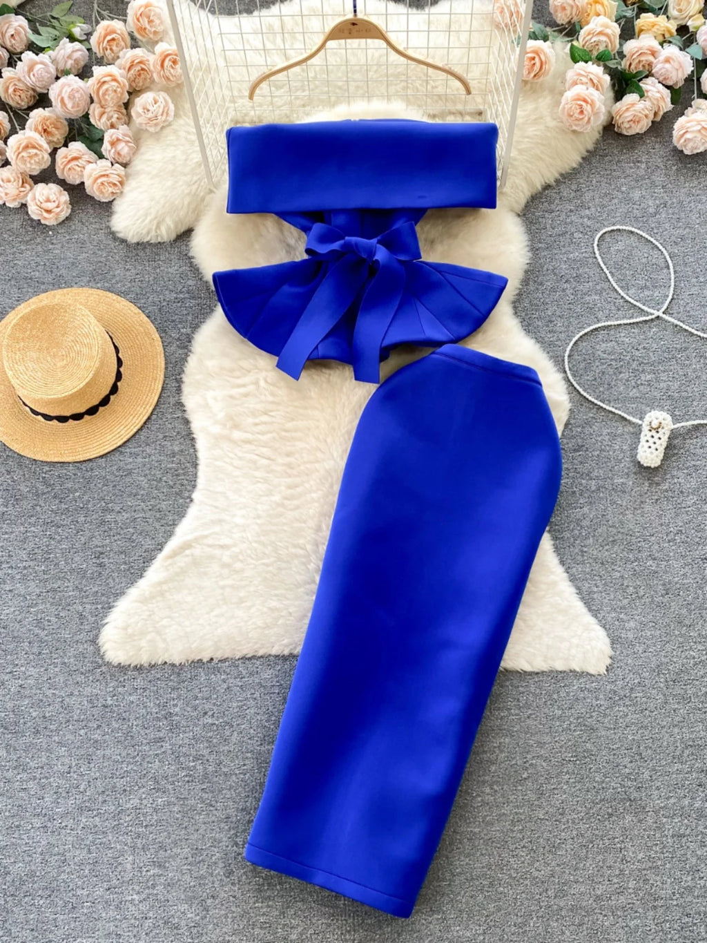 Sexy One-oulder Banded Waist Gown Set with Pleated Skirt Two-Piece Ensemble Courtly Sle Versatile Top f-length A-Line ...