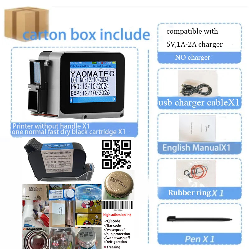 with cartridge: G1760 12.7mm printing gun QR Bar Batch Code Date Logo Expiry Label Portable mini Handheld Thermal Inkjet Printer