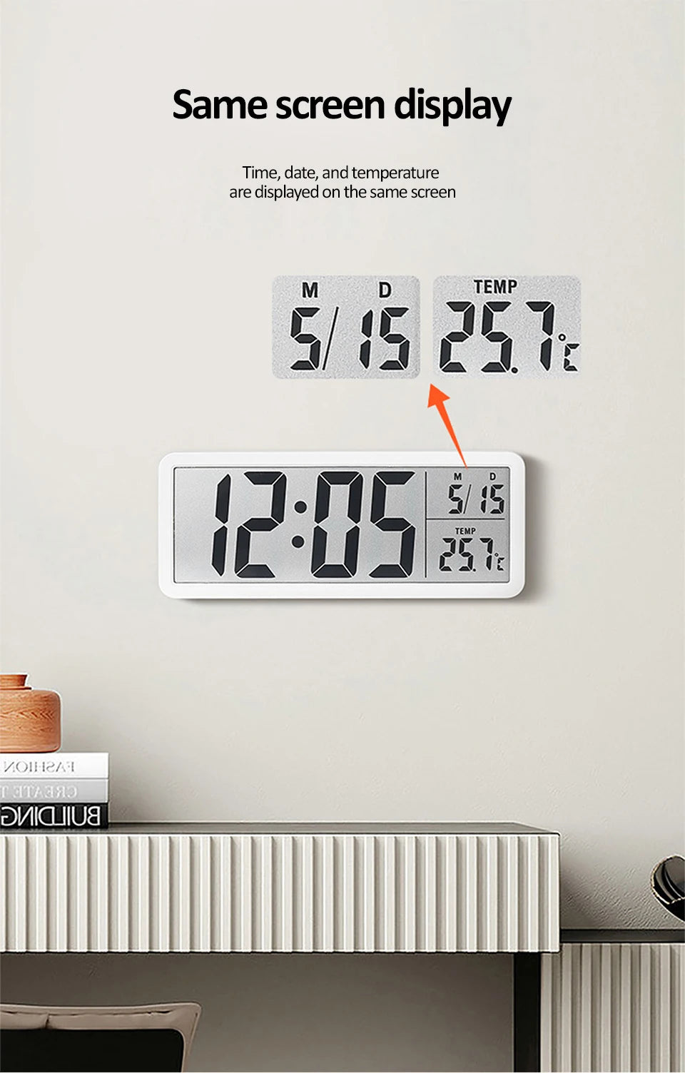 LCD Digital Wall Clock Time with Date Temperature Display Electronic Alarm Clock Modern Table Clock for Bedroom Home Decoration