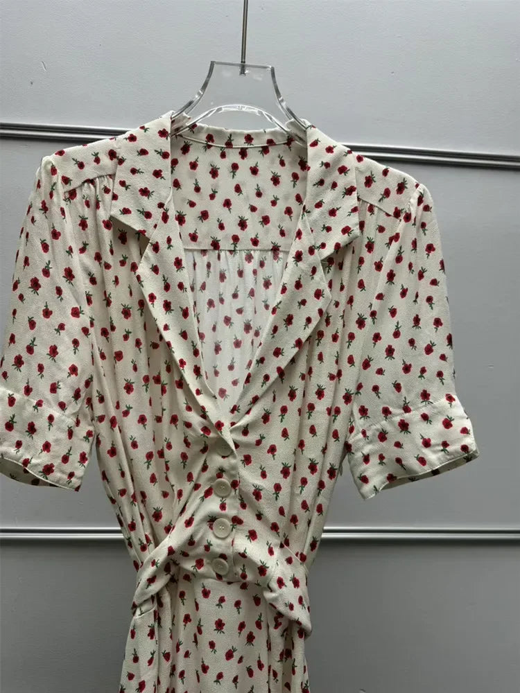 Women's Rose Printed Dress Prairie Chic Spring Summer Lady Short Sleeve Turn-Down Collar Waist Lace-Up Robe