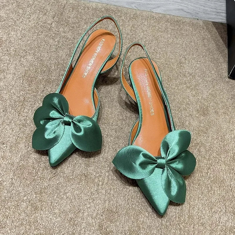 Lady Kitten Heels Back Strap Sandals Silk Statin Big Bow Fashionable Shoes Kitten Heels Back Strap 7cm Pumps In Orange Green 42