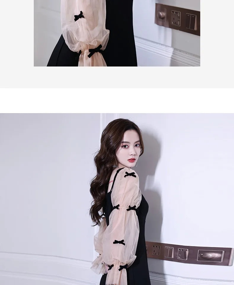 Flare Sleeve Evening Dress for Women Black Elegant Bow Mesh Patchwork Luxury Temperament Famous Lady Aesthetic Платье Женское