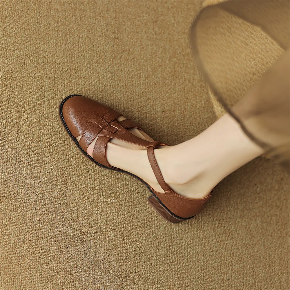 Women's genuine leather narrow band braided t-strap flats sandals round toe casual female summer roman style shoes for women hot