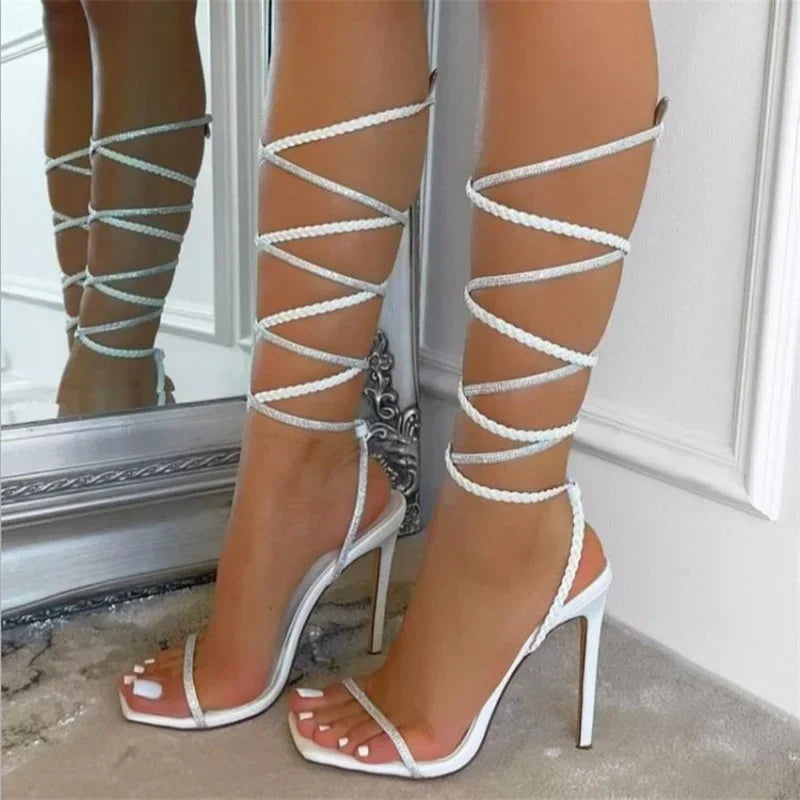 2024 Summer Woman Shoes High Heels Sexy Leather Gladiator Sandals Fashion Black Ankle Strap Crystal Open Toe Shoes Sandalias