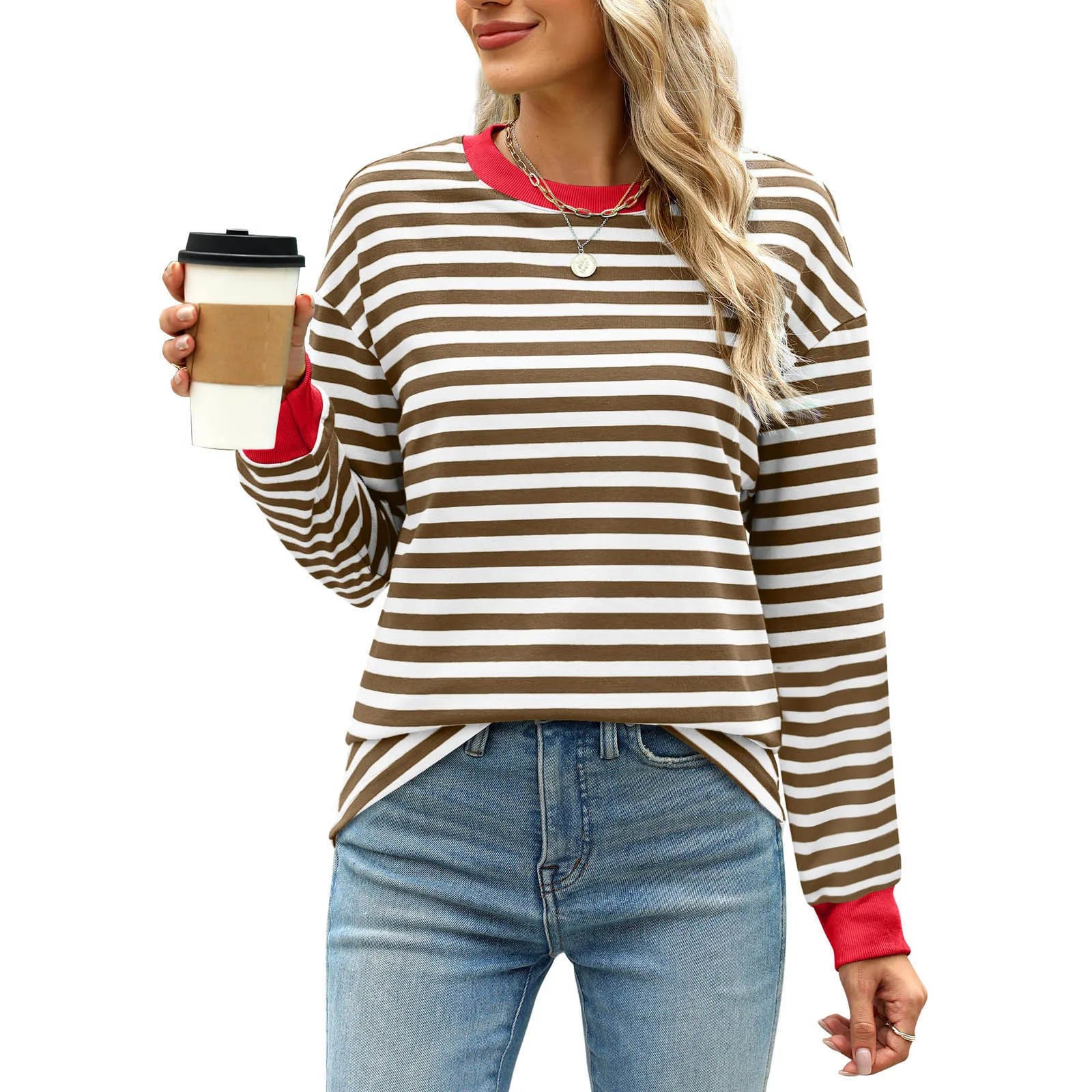 Women Casual Top Fashion Contrast Loose Round Neck Long Sleeve Stripe Printed Top Oversized Loose Pullover Autumn Clothes