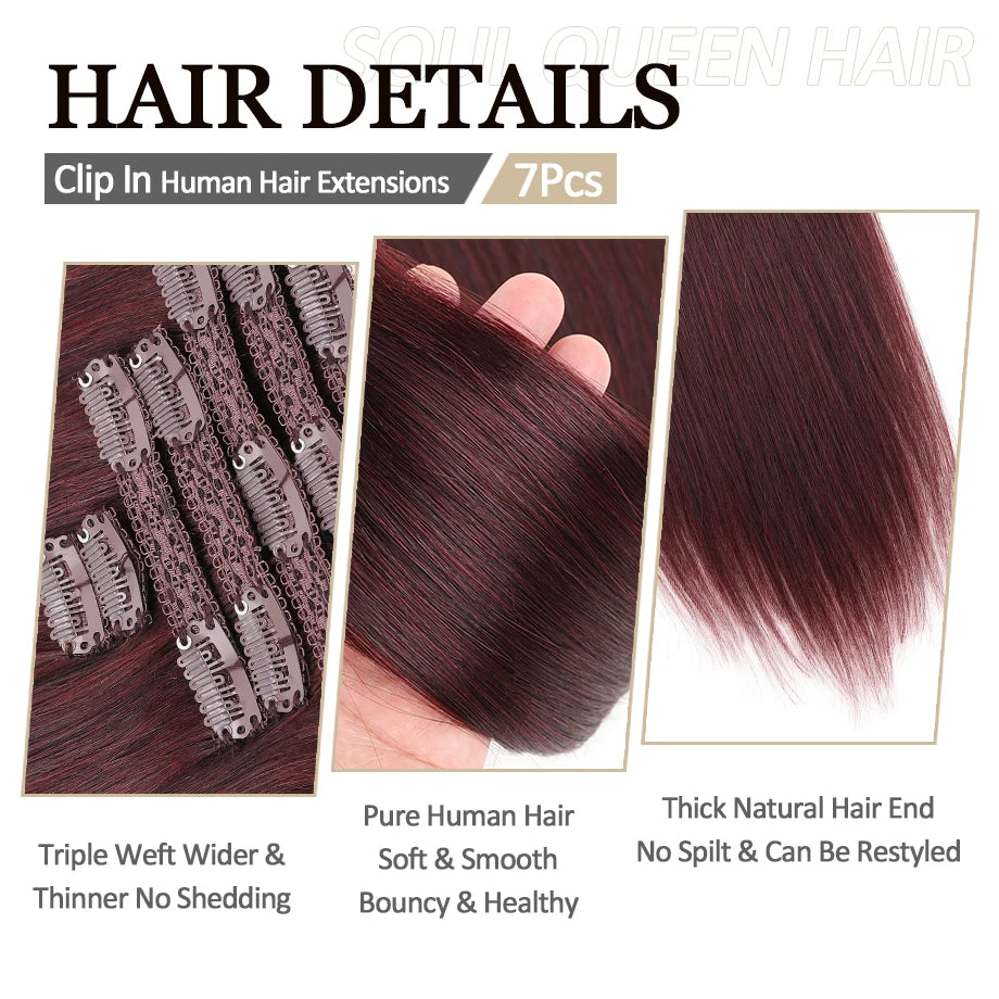 Burgundy Clip In Hair Extensions Real Human Hair 70g 7pcs Wine Red Human Hair Lace Doublet Weft Remy Hair Cosplay Extensions