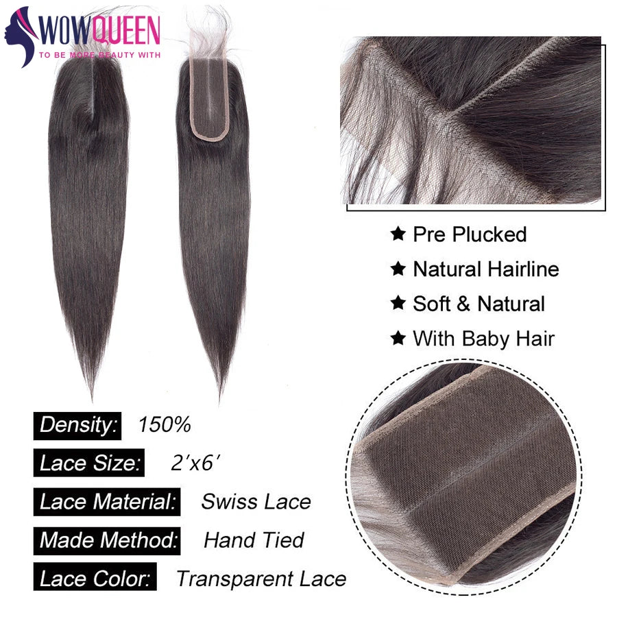 100% Human Hair Straight Lace Closure 2x6 Deep Parting Human Hair Closures Pre Plucked Body Wave Middle Part Lace Closure Only