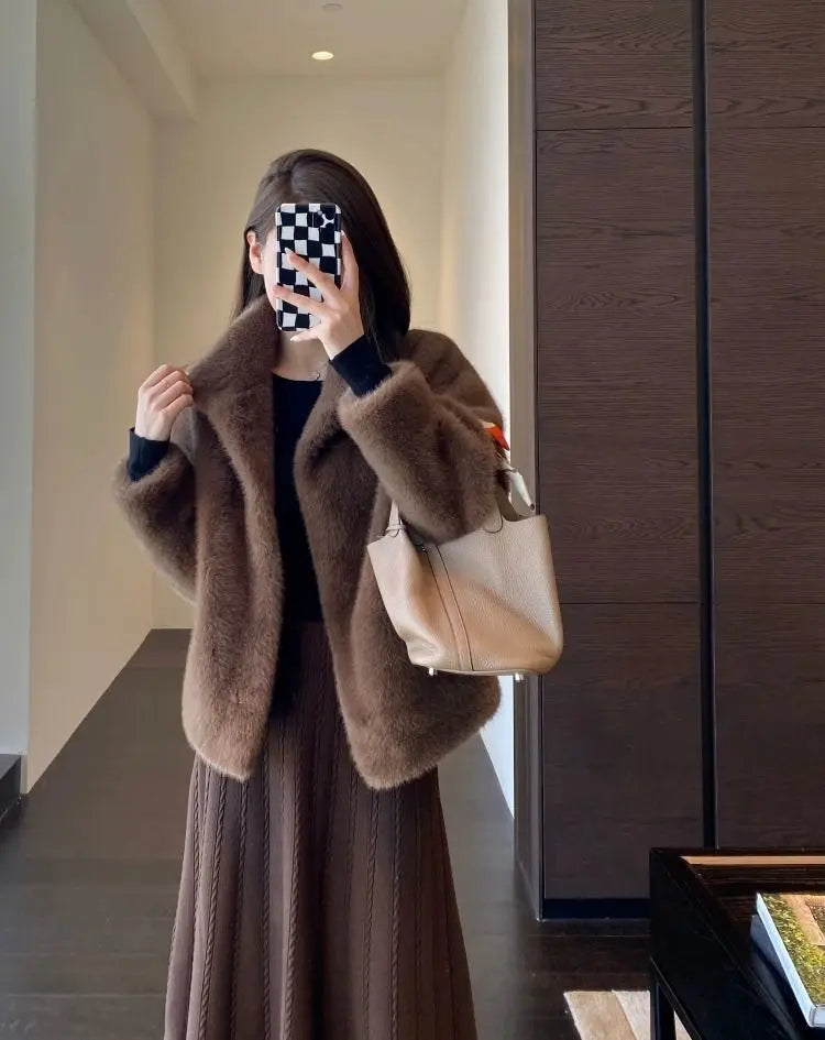 Spring Autumn Lady Short Leather Fur Outwear 2024 Women Fashion Stand Collar Mink Fur Top Female Long Sleeves Fox Jacket