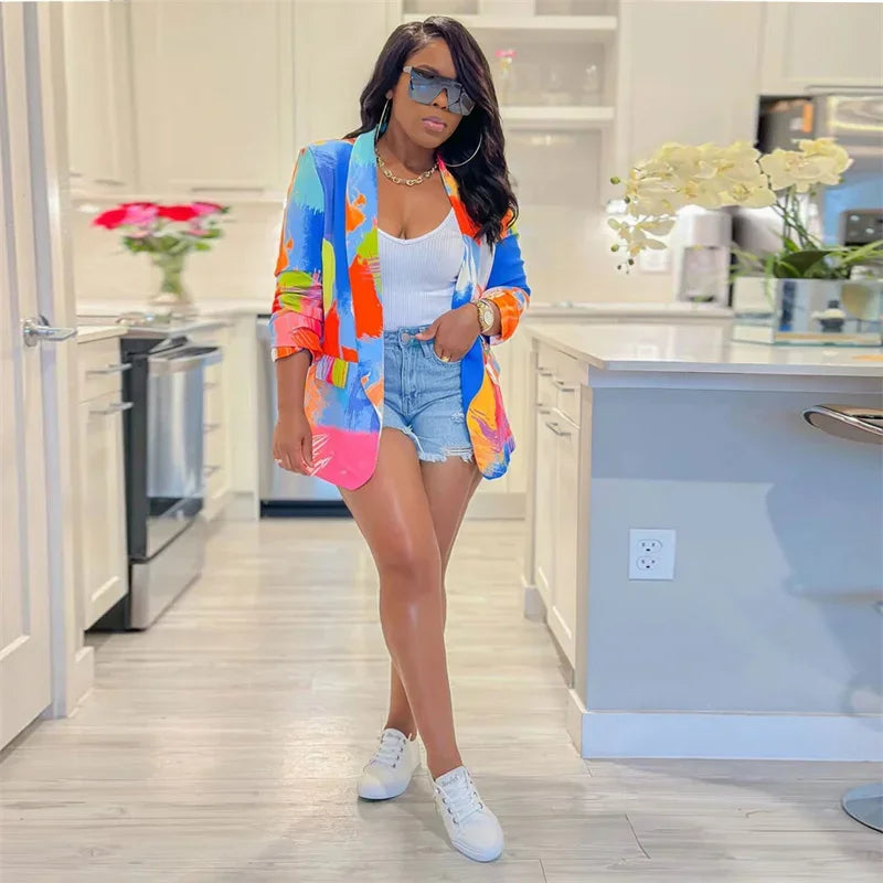 Streetwear Tie Dye Print Blazer Coat for Women Jacket 2023 Elegant Blazers Ladies Outerwear Stylish Y2K Tops Casaco Feminino