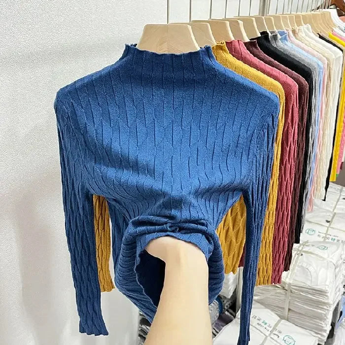 2025 Slim Fit Knitted Base Pullovers Autumn Winter Turtleneck Sweater Women's Solid Long Sleeve Casual Ruched Sweater