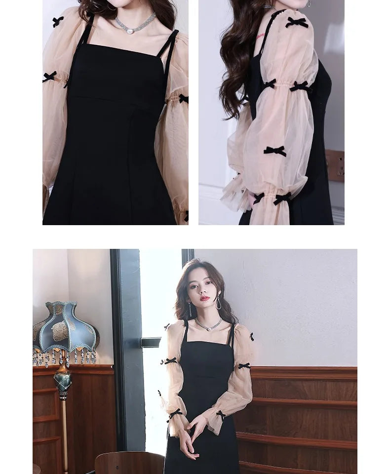 Flare Sleeve Evening Dress for Women Black Elegant Bow Mesh Patchwork Luxury Temperament Famous Lady Aesthetic Платье Женское