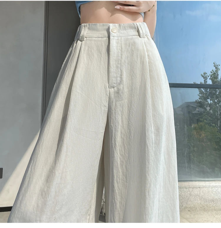 2025 Summer New Cotton and Linen Women's Wide Leg Pants Solid Ice Silk High Waist Straight Casual Loose Suit Trousers Female