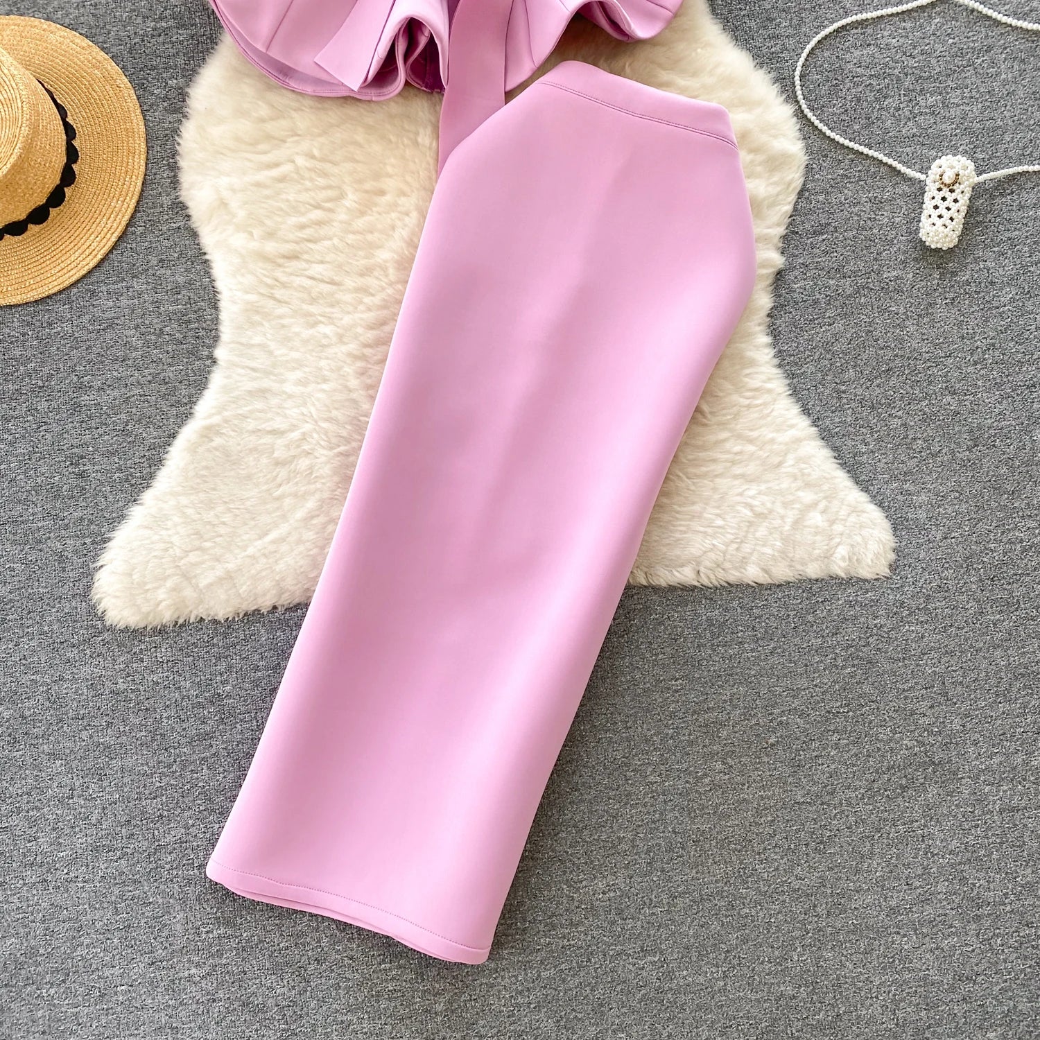 Sexy One-oulder Banded Waist Gown Set with Pleated Skirt Two-Piece Ensemble Courtly Sle Versatile Top f-length A-Line ...