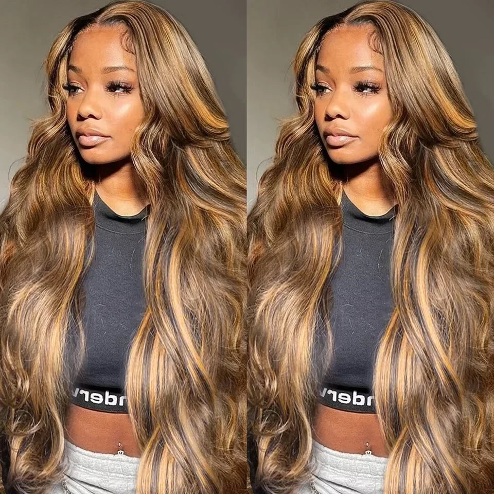 13x6 Closure Wig Highlight Ombre Body Wave HD lace front human hair wig for Women P4/27 Blonde Wig Pre Plucked With Baby Hair