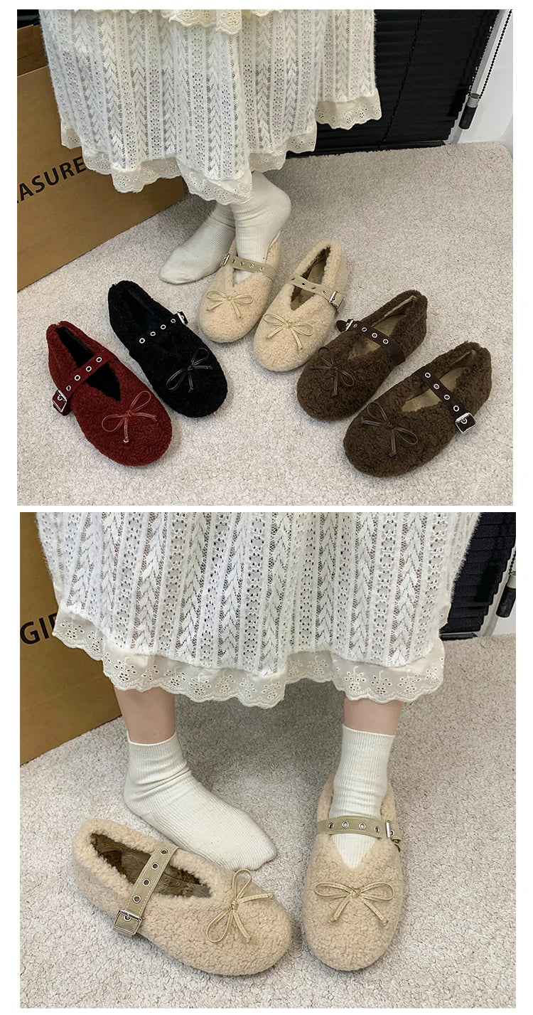 New Women's Shoes Woman Flats Low Heels Casual Female Sneakers Slip-on Loafers Fur Round Toe Shallow Mouth Boat Slip on Winter