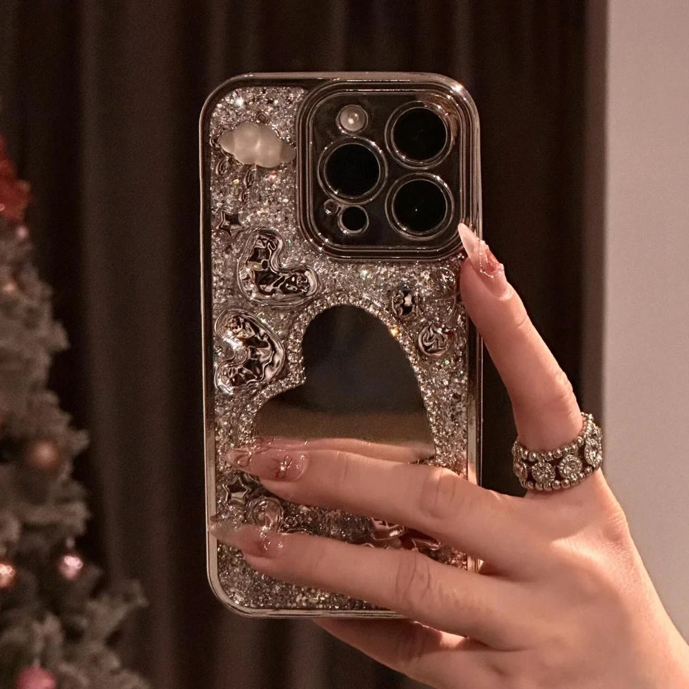 Luxury Glitter 3D Cloud Bear Phone Case For iPhone 16 15 14 13 12 Pro Max 11 Shiny Love Heart Mirror Lens Protective Back Cover