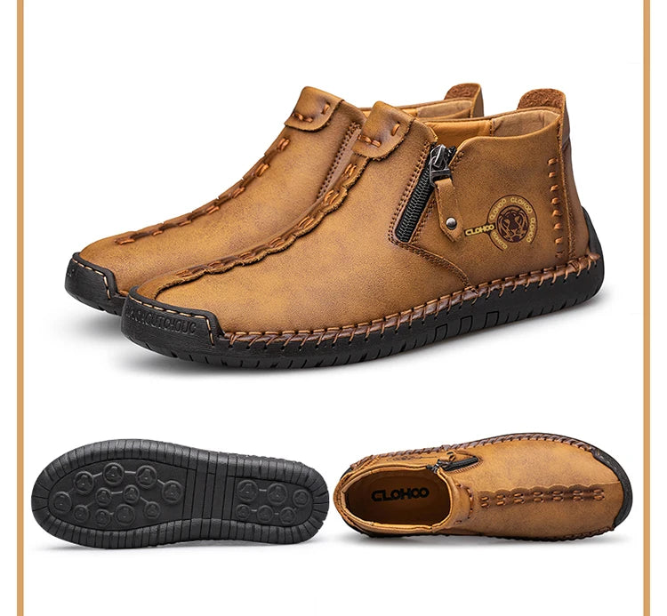 CLOHOO Hand-Sewn High-Top Men's Casual Shoes Comfortable Business Boots Solid Color Office Boots with Zipper