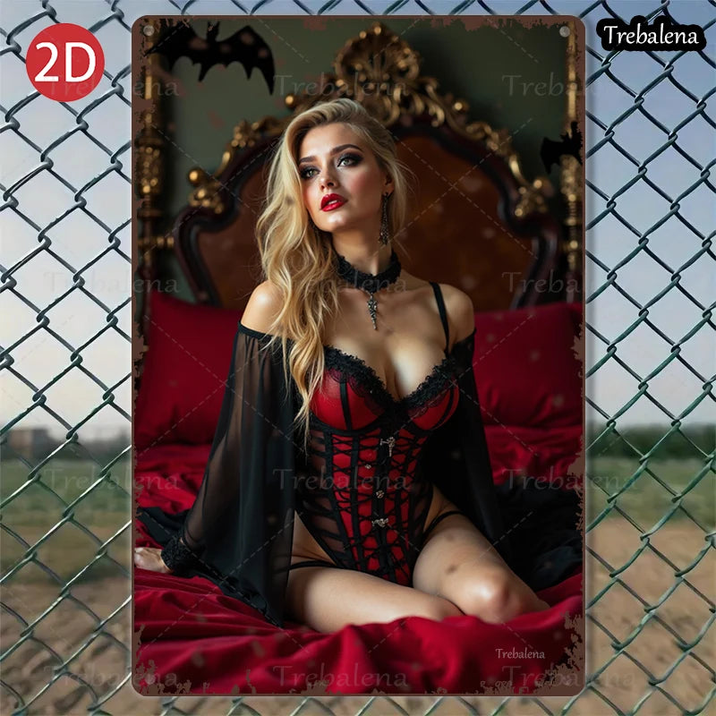 1PC 2D Flat 8*12inch Metal Sign Gothic Glamour Woman on Throne Art Decor Panel