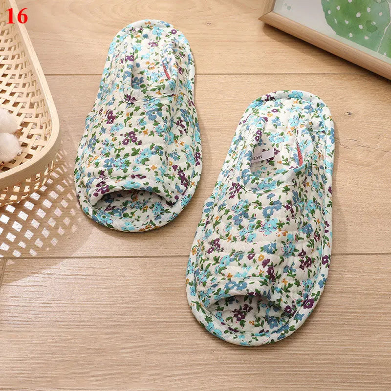 1 Pair Vintage Floral Home Slippers Spring Autumn Soft Cotton Toe Sole Slippers Women Flat Shoes Indoor Bedroom Slippers