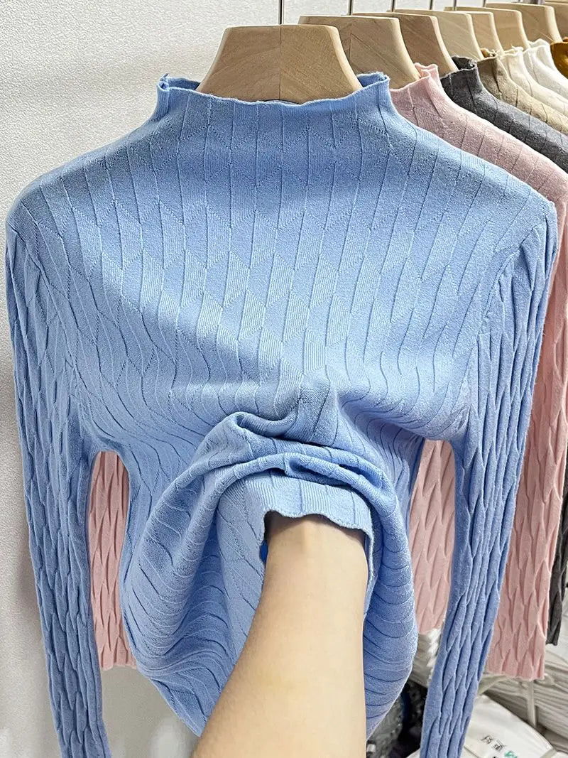 2025 Slim Fit Knitted Base Pullovers Autumn Winter Turtleneck Sweater Women's Solid Long Sleeve Casual Ruched Sweater